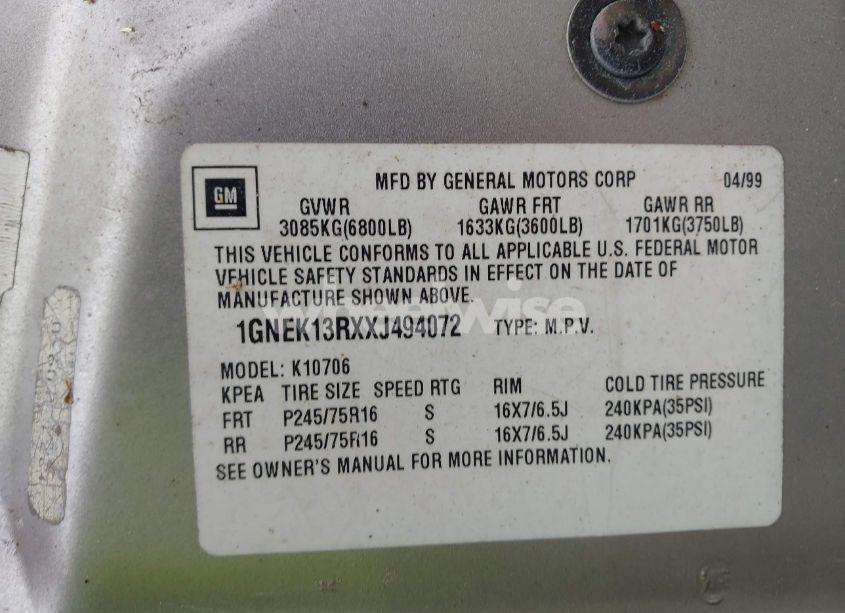 Photo 9 of 1999 Chevrolet Tahoe LS (VIN 1GNEK13RXXJ494072)