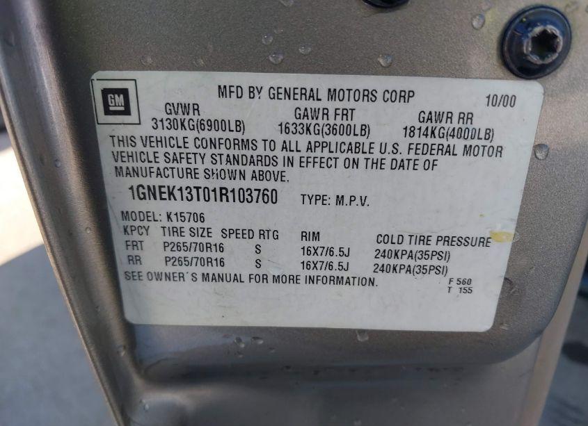 Photo 9 of 2001 Chevrolet Tahoe LT (VIN 1GNEK13T01R103760)