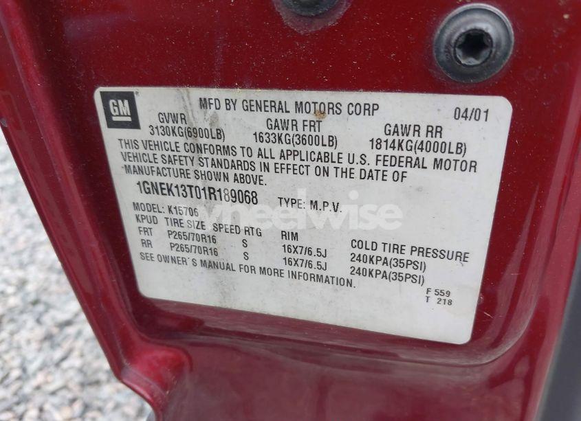 Photo 9 of 2001 Chevrolet Tahoe LT (VIN 1GNEK13T01R189068)