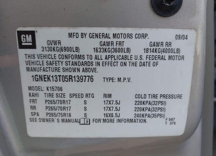 Photo 9 of 2005 Chevrolet Tahoe LT (VIN 1GNEK13T05R139776)