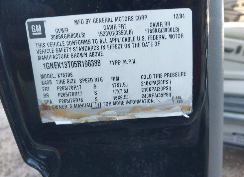 Photo 9 of 2005 Chevrolet Tahoe Z71 (VIN 1GNEK13T05R198388)