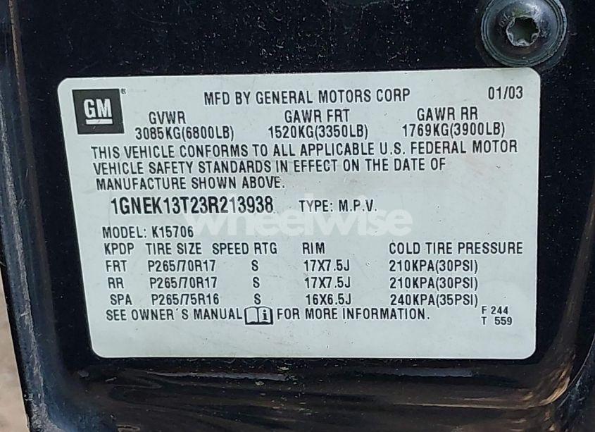 Photo 9 of 2003 Chevrolet Tahoe Z71 (VIN 1GNEK13T23R213938)