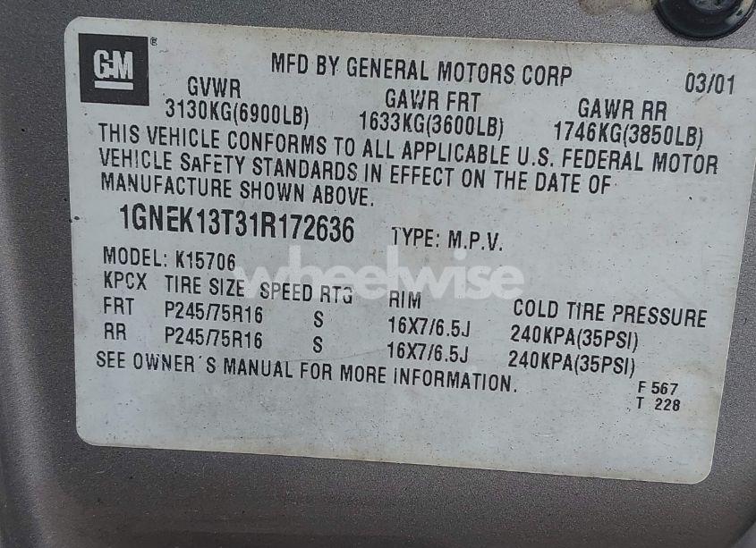 Photo 9 of 2001 Chevrolet Tahoe LT (VIN 1GNEK13T31R172636)