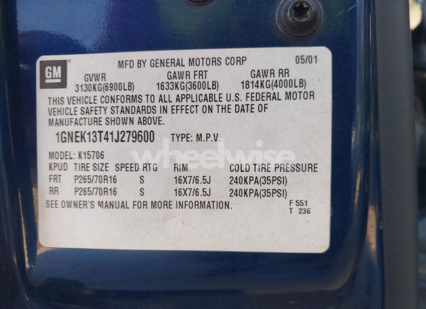 Photo 9 of 2001 Chevrolet Tahoe LT (VIN 1GNEK13T41J279600)