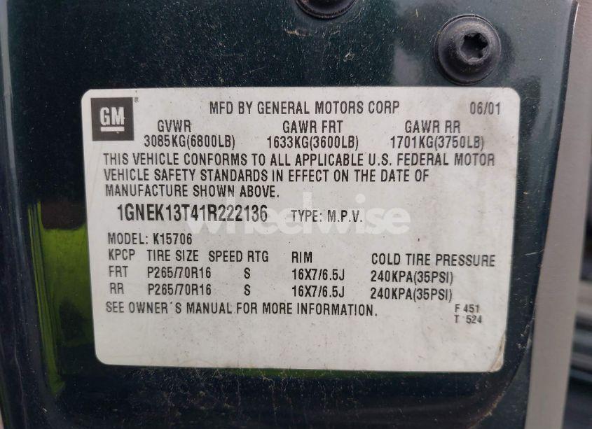 Photo 9 of 2001 Chevrolet Tahoe LS (VIN 1GNEK13T41R222136)