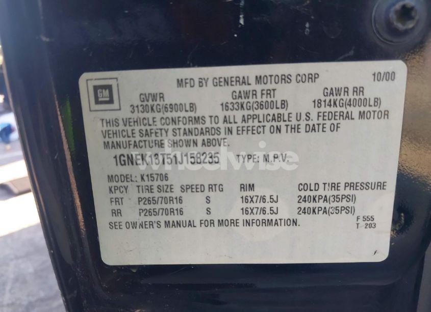 Photo 9 of 2001 Chevrolet Tahoe LT (VIN 1GNEK13T51J158235)