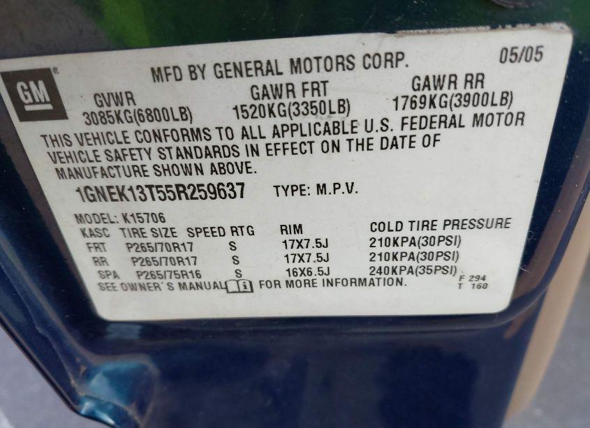 Photo 9 of 2005 Chevrolet Tahoe Z71 (VIN 1GNEK13T55R259637)