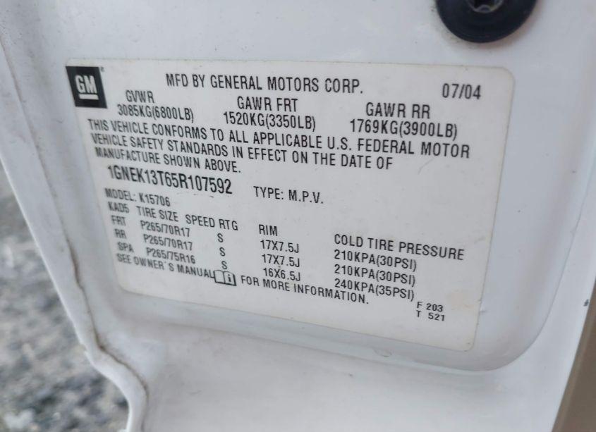 Photo 9 of 2005 Chevrolet Tahoe Z71 (VIN 1GNEK13T65R107592)