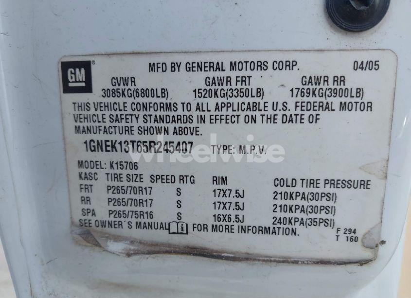 Photo 9 of 2005 Chevrolet Tahoe Z71 (VIN 1GNEK13T65R245407)