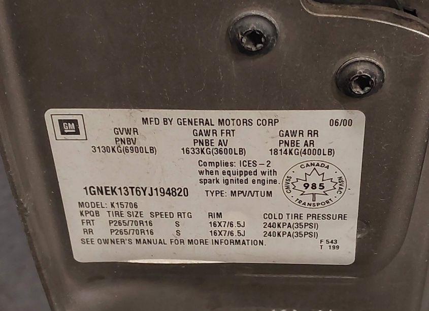 Photo 9 of 2000 Chevrolet Tahoe K1500 (VIN 1GNEK13T6YJ194820)