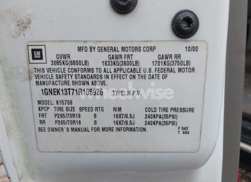 Photo 9 of 2001 Chevrolet Tahoe LS (VIN 1GNEK13T71R105926)