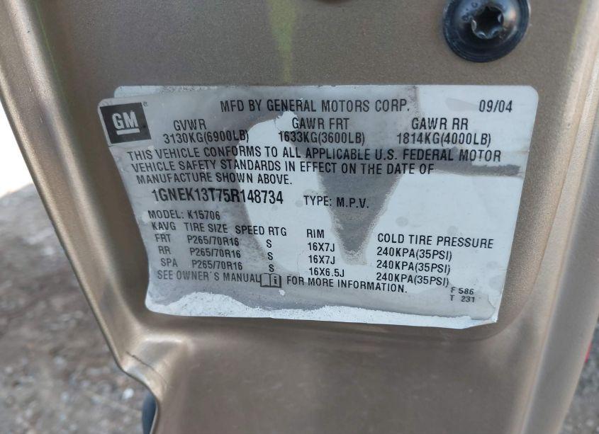 Photo 9 of 2005 Chevrolet Tahoe LS (VIN 1GNEK13T75R148734)