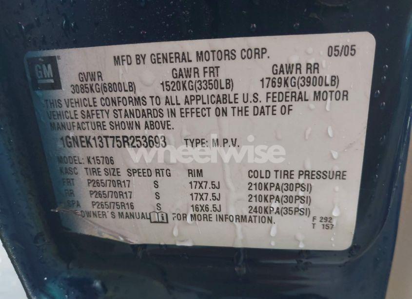 Photo 9 of 2005 Chevrolet Tahoe Z71 (VIN 1GNEK13T75R253693)