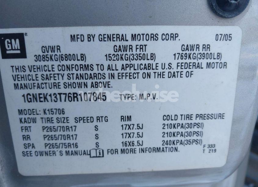 Photo 9 of 2006 Chevrolet Tahoe Z71 (VIN 1GNEK13T76R107845)