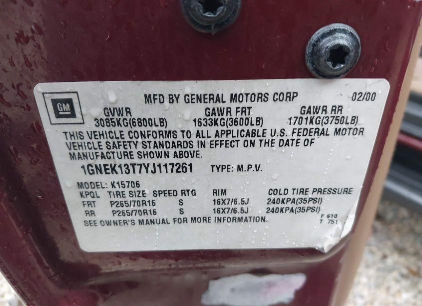 Photo 9 of 2000 Chevrolet Tahoe ALL NEW LS (VIN 1GNEK13T7YJ117261)