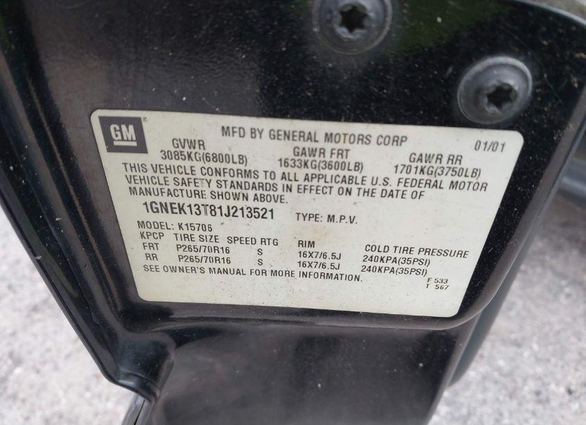 Photo 9 of 2001 Chevrolet Tahoe LT (VIN 1GNEK13T81J213521)