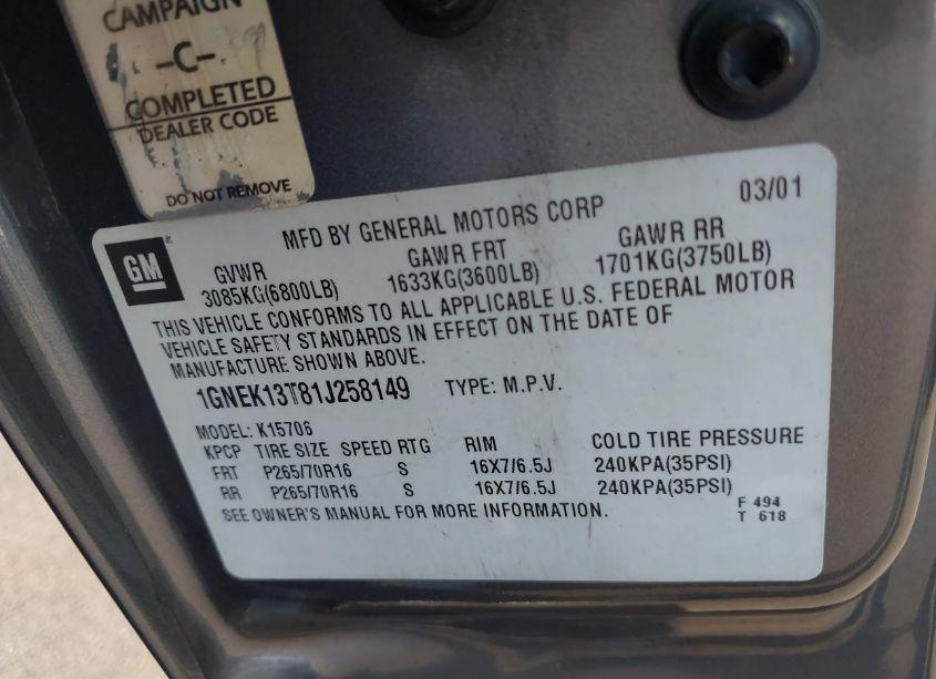 Photo 9 of 2001 Chevrolet Tahoe LT (VIN 1GNEK13T81J258149)