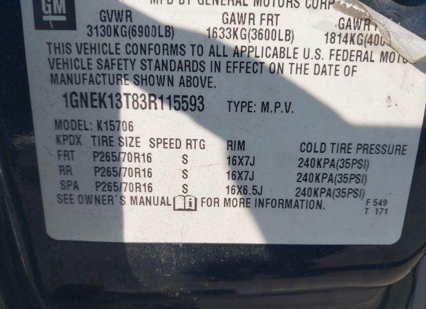 Photo 9 of 2003 Chevrolet Tahoe LT (VIN 1GNEK13T83R115593)