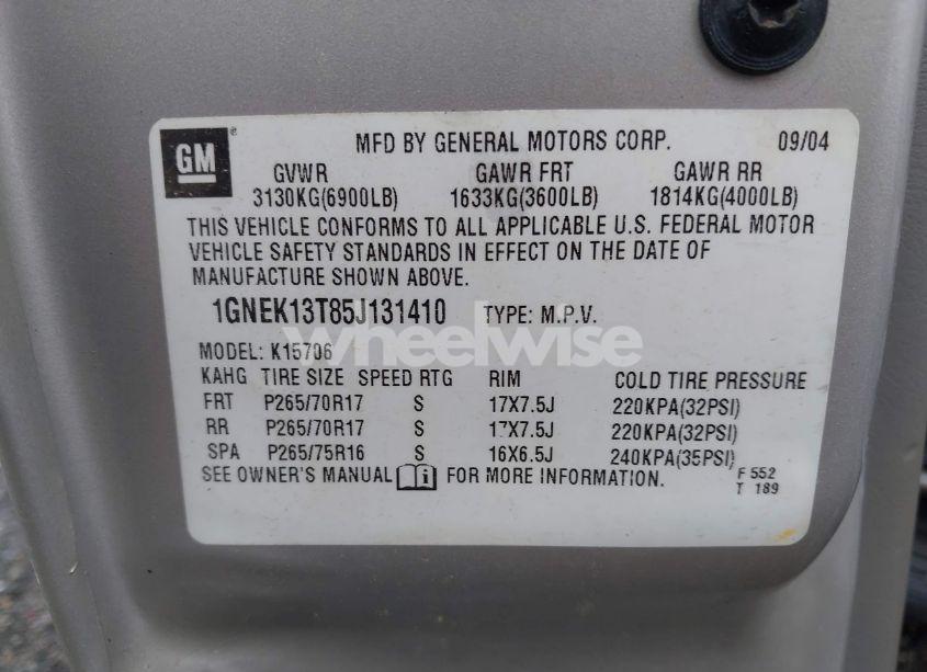 Photo 9 of 2005 Chevrolet Tahoe LT (VIN 1GNEK13T85J131410)