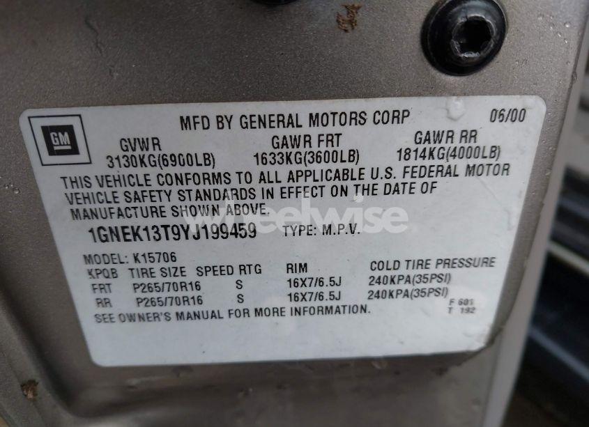 Photo 9 of 2000 Chevrolet Tahoe ALL NEW LT (VIN 1GNEK13T9YJ199459)