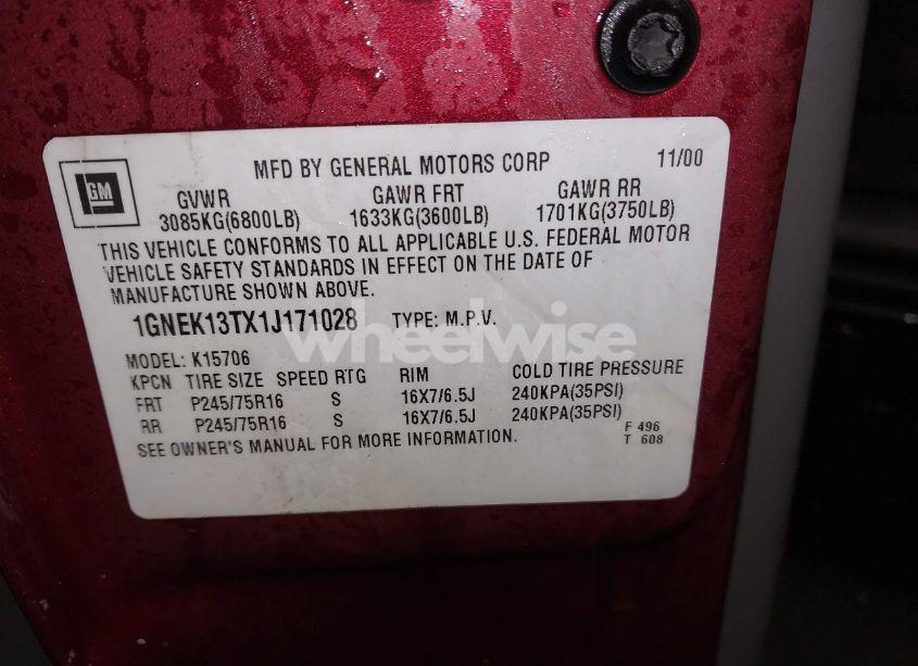 Photo 9 of 2001 Chevrolet Tahoe LS (VIN 1GNEK13TX1J171028)