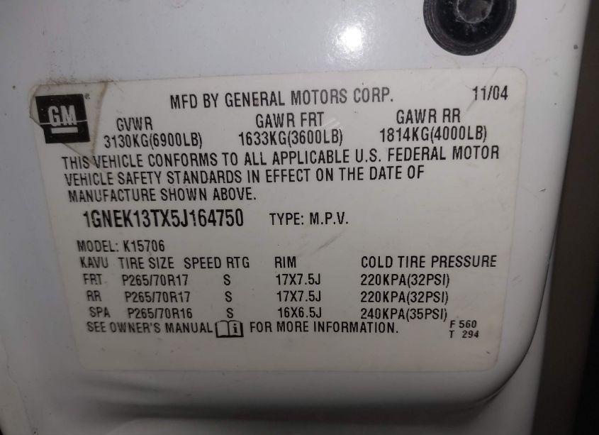 Photo 9 of 2005 Chevrolet Tahoe LT (VIN 1GNEK13TX5J164750)