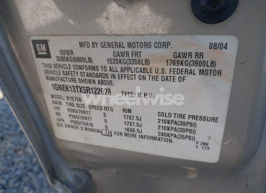 Photo 9 of 2005 Chevrolet Tahoe Z71 (VIN 1GNEK13TX5R122628)