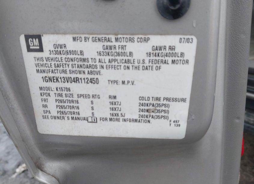Photo 9 of 2004 Chevrolet Tahoe LS (VIN 1GNEK13V04R112450)