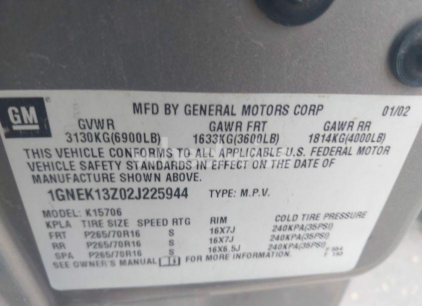 Photo 9 of 2002 Chevrolet Tahoe LT (VIN 1GNEK13Z02J225944)