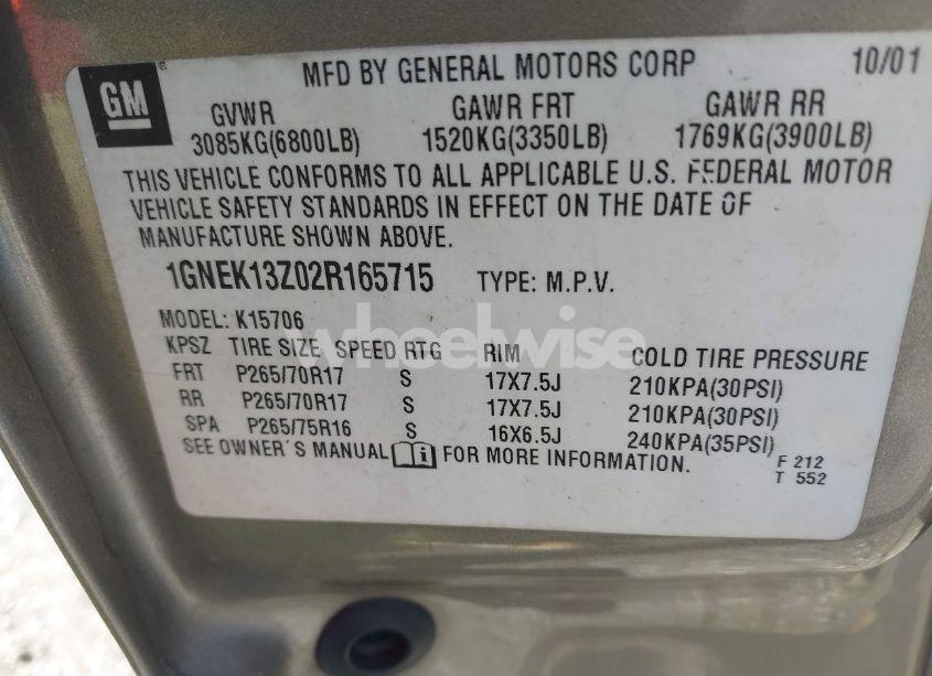 Photo 9 of 2002 Chevrolet Tahoe Z71 (VIN 1GNEK13Z02R165715)