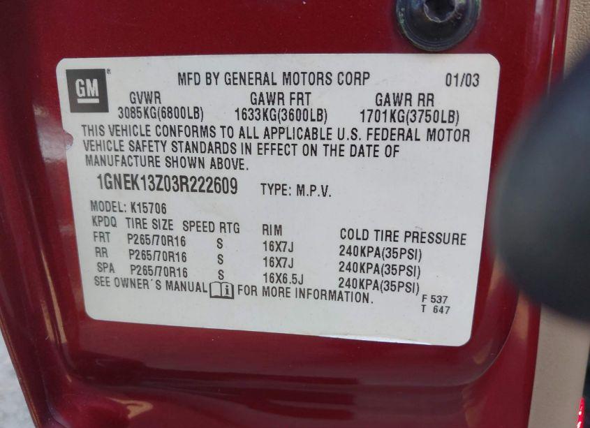 Photo 9 of 2003 Chevrolet Tahoe LT (VIN 1GNEK13Z03R222609)