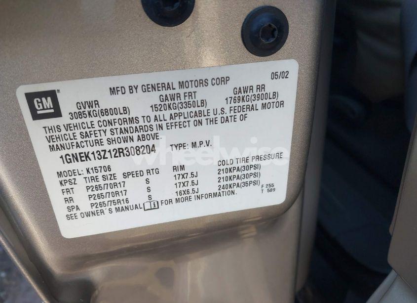 Photo 9 of 2002 Chevrolet Tahoe Z71 (VIN 1GNEK13Z12R308204)