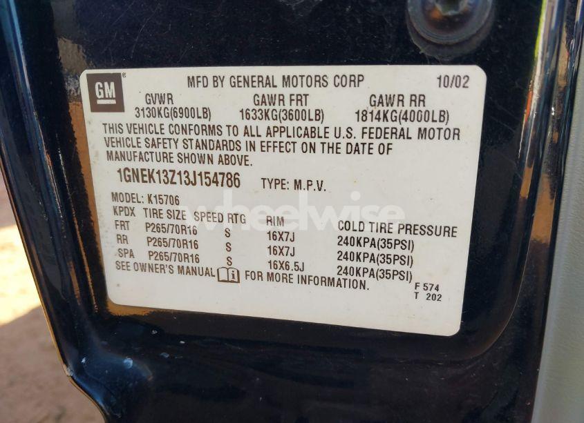 Photo 9 of 2003 Chevrolet Tahoe LT (VIN 1GNEK13Z13J154786)