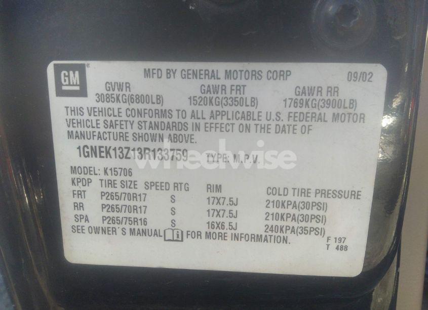 Photo 9 of 2003 Chevrolet Tahoe Z71 (VIN 1GNEK13Z13R133759)