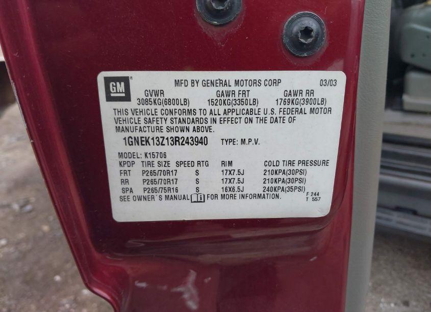 Photo 9 of 2003 Chevrolet Tahoe Z71 (VIN 1GNEK13Z13R243940)