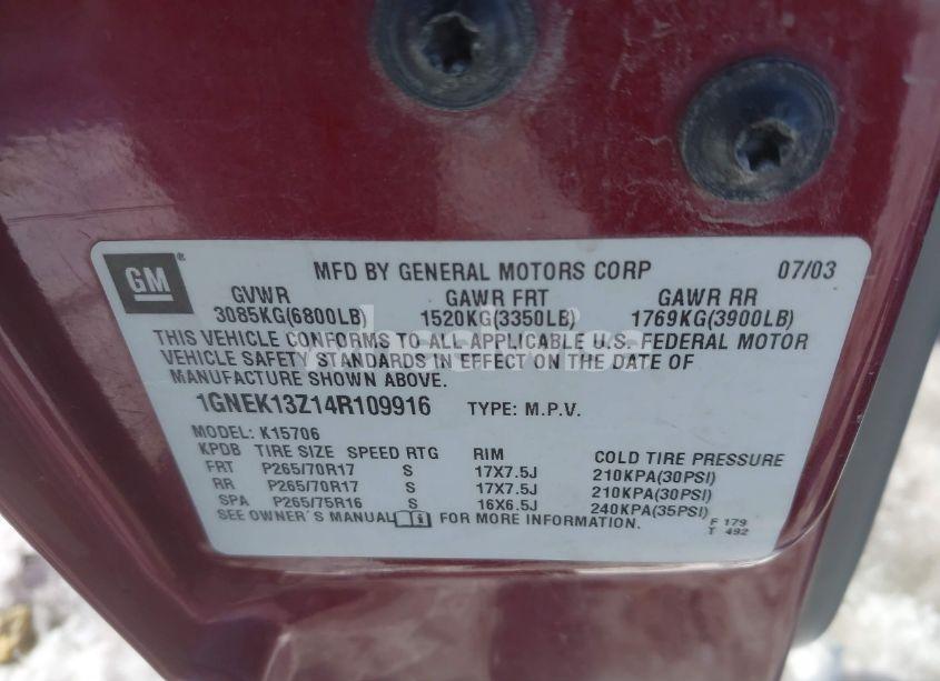 Photo 9 of 2004 Chevrolet Tahoe Z71 (VIN 1GNEK13Z14R109916)