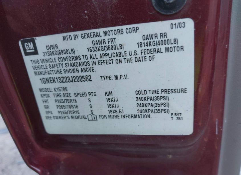 Photo 9 of 2003 Chevrolet Tahoe LS (VIN 1GNEK13Z23J200562)