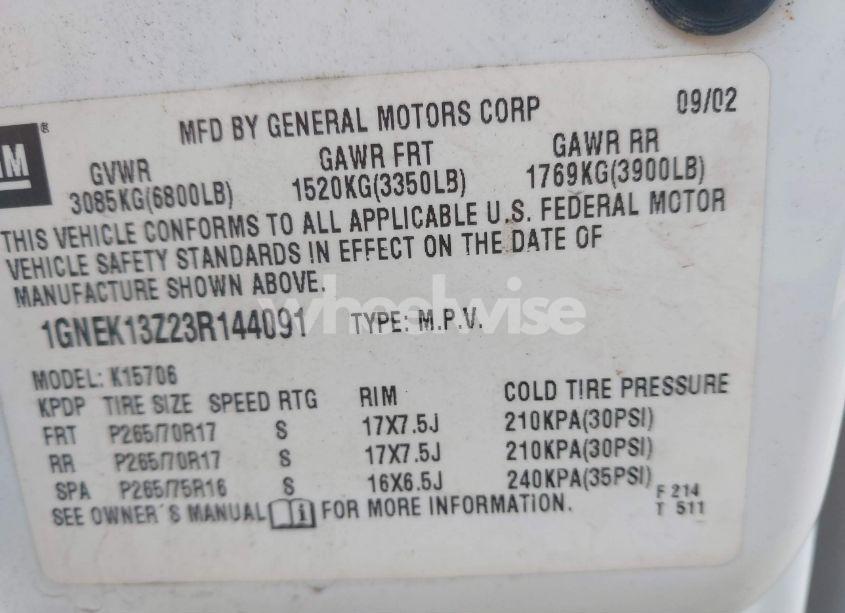 Photo 9 of 2003 Chevrolet Tahoe Z71 (VIN 1GNEK13Z23R144091)