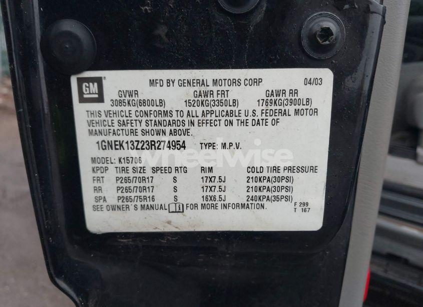 Photo 9 of 2003 Chevrolet Tahoe Z71 (VIN 1GNEK13Z23R274954)