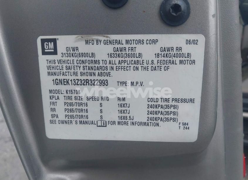 Photo 9 of 2002 Chevrolet Tahoe LT (VIN 1GNEK13Z32R322993)