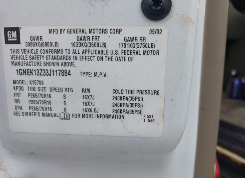 Photo 9 of 2003 Chevrolet Tahoe LT (VIN 1GNEK13Z33J117884)