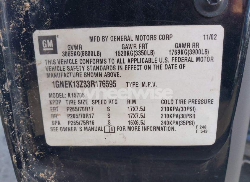 Photo 9 of 2003 Chevrolet Tahoe Z71 (VIN 1GNEK13Z33R176595)