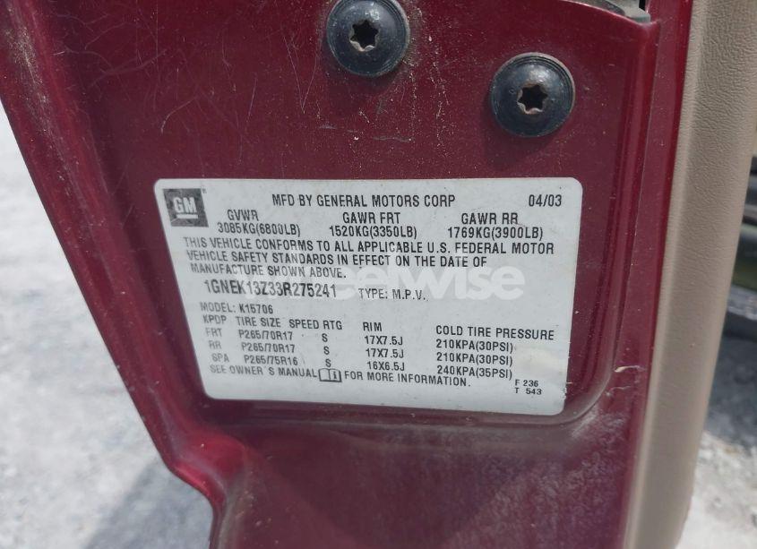 Photo 9 of 2003 Chevrolet Tahoe Z71 (VIN 1GNEK13Z33R275241)