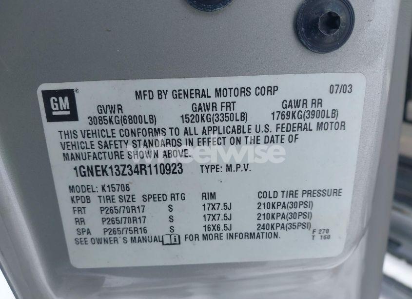 Photo 9 of 2004 Chevrolet Tahoe Z71 (VIN 1GNEK13Z34R110923)