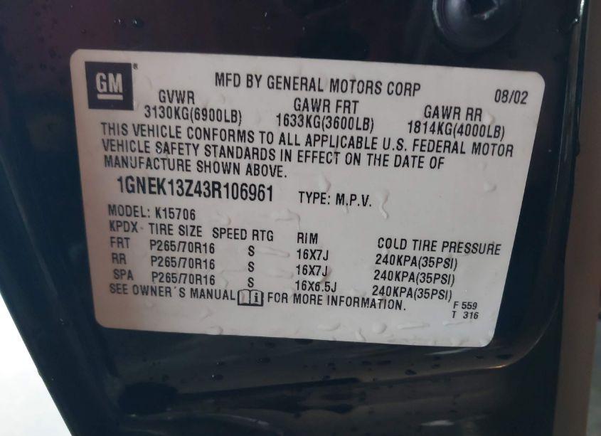 Photo 9 of 2003 Chevrolet Tahoe LT (VIN 1GNEK13Z43R106961)