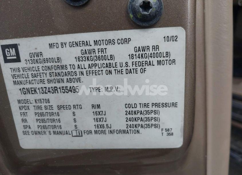 Photo 9 of 2003 Chevrolet Tahoe LT (VIN 1GNEK13Z43R155495)