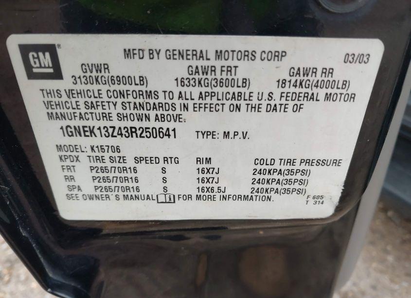 Photo 9 of 2003 Chevrolet Tahoe LS (VIN 1GNEK13Z43R250641)