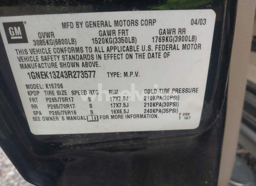 Photo 9 of 2003 Chevrolet Tahoe Z71 (VIN 1GNEK13Z43R273577)