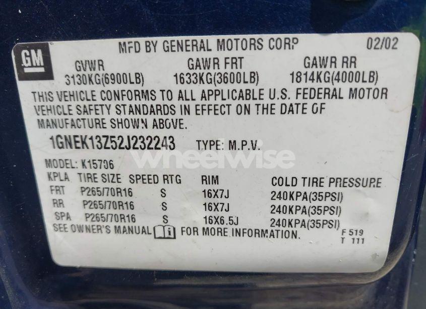 Photo 9 of 2002 Chevrolet Tahoe LS (VIN 1GNEK13Z52J232243)