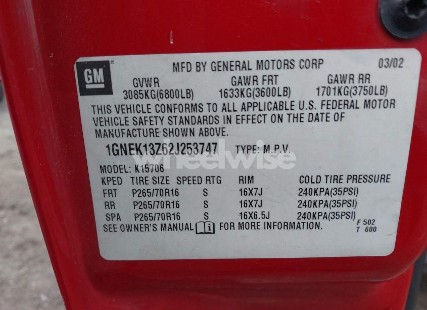 Photo 9 of 2002 Chevrolet Tahoe LT (VIN 1GNEK13Z62J253747)